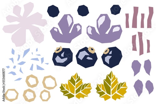 Set of various shapes abstract doodle objects, blueberries, bilberry and leaves. Paper cut modern contemporary style. Vector
