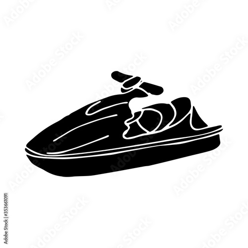 Vector illustration of a water scooter silhouette isolated on white background. Hand drawn black icon.