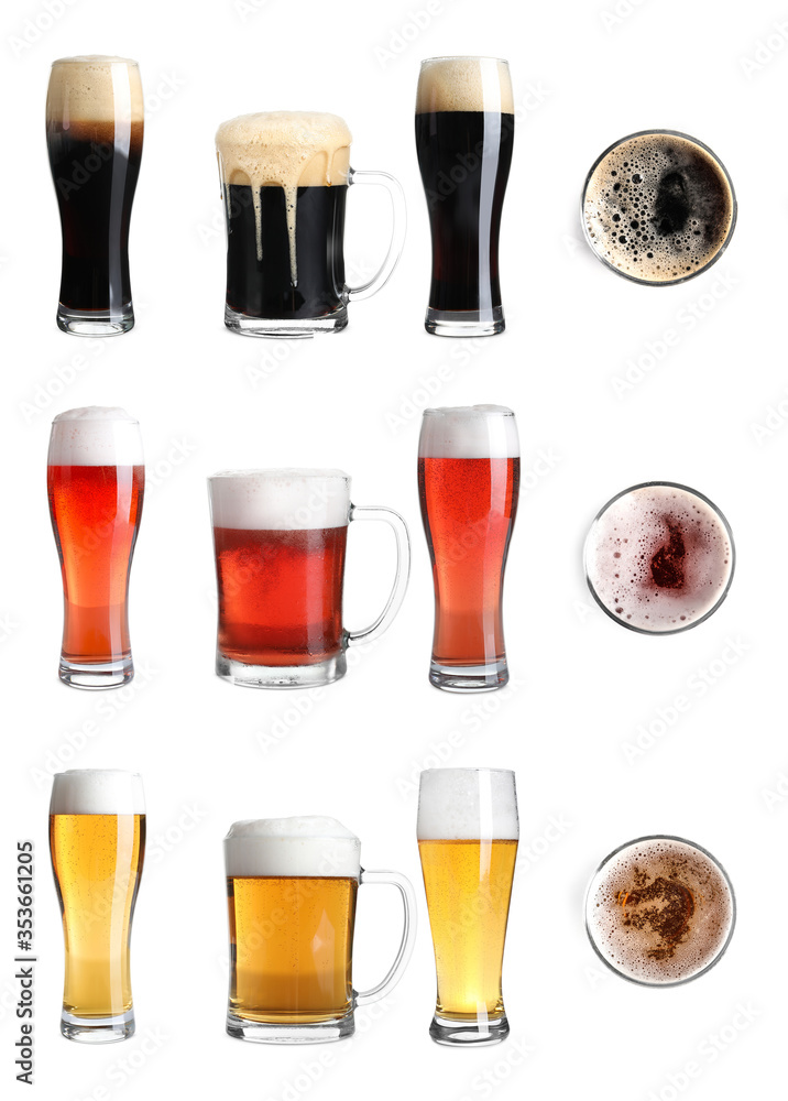 Set with glasses of cold tasty beer on white background Set with glasses of cold tasty beer on white background