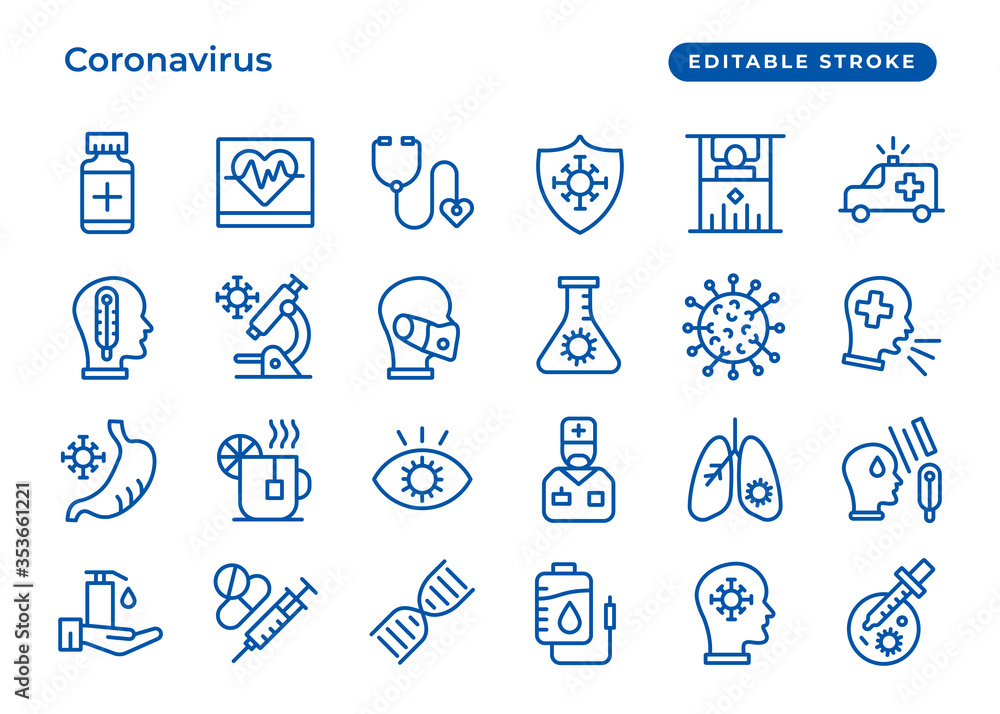 Set of vector related line icons, coronavirus Protection, classic blue. Contain such as washing hands, coronavirus symptoms, wearing face mask. Editable Stroke. Simple set icons of COVID-19 Set of vector related line icons, coronavirus Protection, classic blue. Contain such as washing hands, coronavirus symptoms, wearing face mask. Editable Stroke. Simple set icons of COVID-19