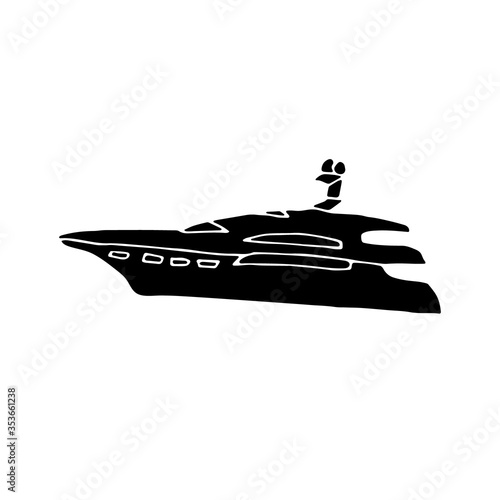 Hand drawn black icon. Vector illustration of a motor yacht silhouette isolated on white background.