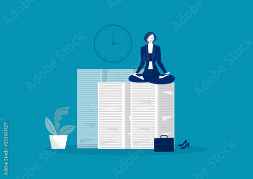 woman with meditates sitting as yoga on the high pile of papers on blue background.