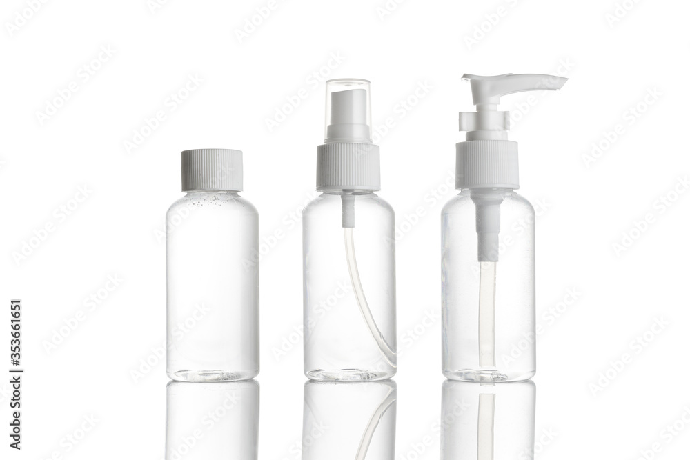 Clear bottle. Plastic water shampoo blank cap isolated on white. Sanitizer soap cosmetic spray gel on mineral transparent background. Antiseptic Hand Wash. Clear bottle. Plastic water shampoo blank cap isolated on white. Sanitizer soap cosmetic spray gel on mineral transparent background. Antiseptic Hand Wash.