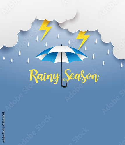 Rainy season. design with raining drops, umbrella and clouds on blue background. vector.