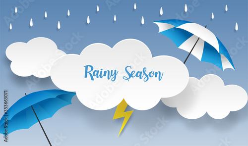 Rainy season. design with raining drops, umbrella and clouds on blue background. vector.