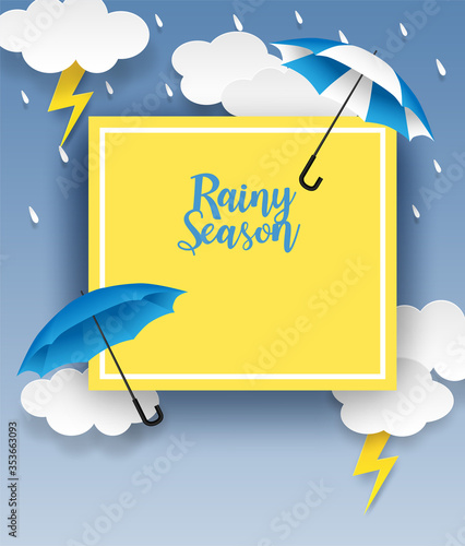 Rainy season. design with raining drops, umbrella and clouds on blue background. vector.