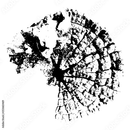 Distressed overlay texture of rough surface, old tree stump, rings on tree. Grunge background. One color graphic resource.