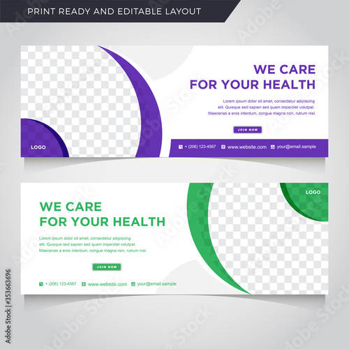 Set of Editable healty banner template. purple and green background color with stripe line shape. Suitable for social media post and web internet ads. Vector illustration with photo ads