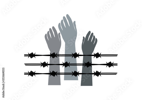 Human hand with barbed wire icon vector. Hands silhouette with barbed wire vector. Hands behind a barbed wire prison vector. Hand with barbed wire icon isolated on a white background
