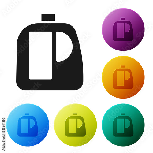 Black Plastic bottles for laundry detergent, bleach, dishwashing liquid or another cleaning agent icon isolated on white background. Set icons in color circle buttons. Vector. Illustration