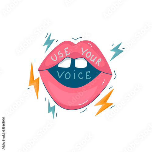 Feminist movement propaganda poster element. Use your voice. Glass ceiling and domestic violence concept. Motivational quote for female rights fighters.