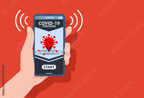 Coronavirus tracking apps concept with hand holding smartphone and application design on screen for reduce COVID-19 spreading after quarantine detecting infected people.Vector Illustration.copy space.
