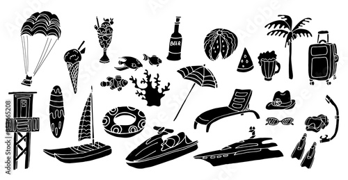 Big summer set with water sports equipment, beach and vacation stuff, snacks and drinks. Vector hand drawn  illustration. Black silhouettes isolated on white background.