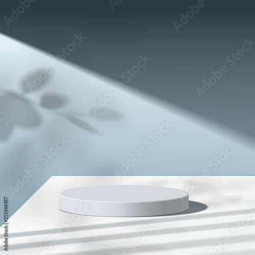 Abstract minimal scene with geometric forms. cylinder white podium in blue background with leaves. product presentation, mock up, show cosmetic product, Podium, stage pedestal or platform. 3d vector