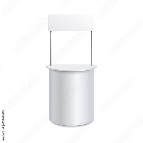 Blank promo stand mockup with round counter and rectangle banner