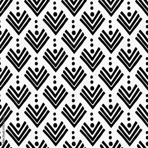 A simple black and white pattern of triangles  dots. Hand illustration. Scandinavian style, design for wallpaper, fabric, textile.