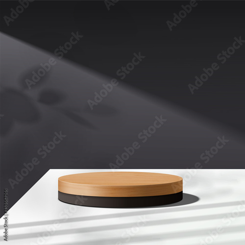 Abstract minimal scene with geometric forms. cylinder wood podium in black background with leaves. product presentation, mock up, show cosmetic product, Podium, stage pedestal or platform. 3d vector