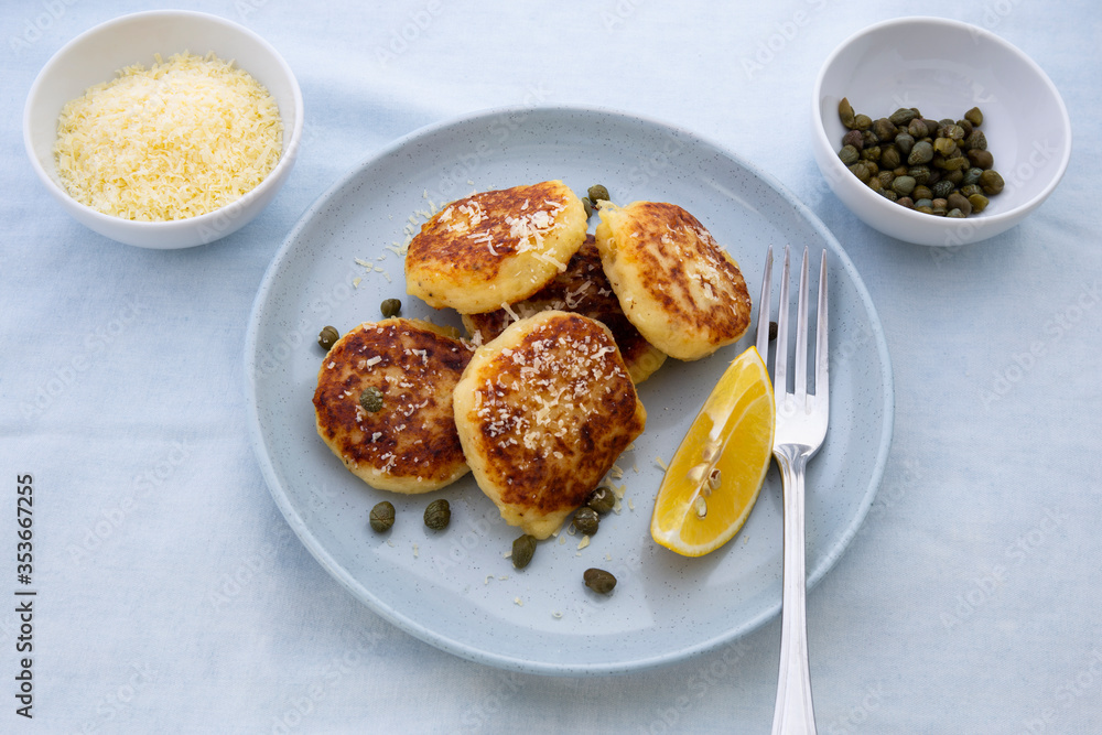 Potato Parmesan Pancakes with lemon and capers