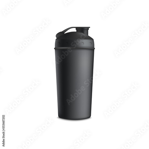 Black realistic sports bottle and protein shaker and cup for healthy drinking.