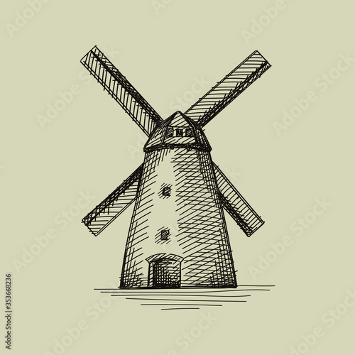 Hand-drawn sketch of windmill on old  background. Wheat and Flour production and making.	
