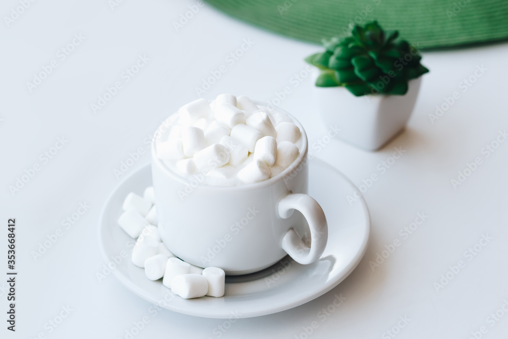 Cup of cappuccino with marshmallow and green plant on white background Cup of cappuccino with marshmallow and green plant on white background