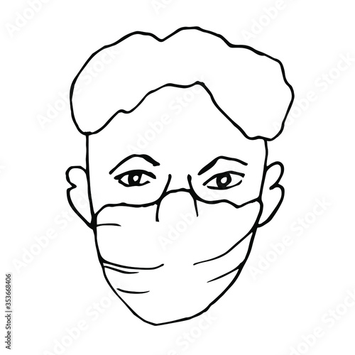 Masked man.Protection against infection. Wuhan coronavirus 2019-nov. SARS pandemic risk alert. Drawing in Doodle style. The vector sketch is isolated on a white background.