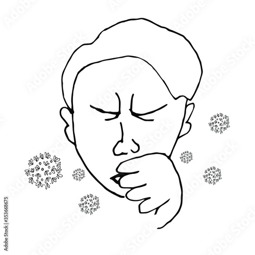 Illustration of a sneezing person. Bacteria and microbes fly around. Infection. Wuhan coronavirus 2019-nov. SARS pandemic risk alert. Doodle style. Vector.