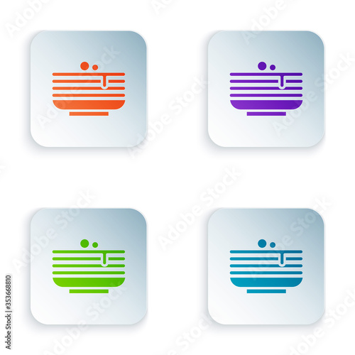 Color Stack of pancakes icon isolated on white background. Baking with syrup and cherry. Breakfast concept. Set colorful icons in square buttons. Vector.