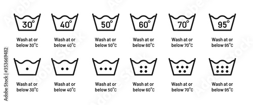 Wash at degree flat vector set. Water temperature 30C 40C  50C 60C 70C 95C  vector sign. Wash temperature. Laundry icon isolated on white background.  photo