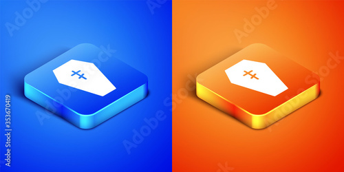 Isometric Coffin with christian cross icon isolated on blue and orange background. Happy Halloween party. Square button. Vector.