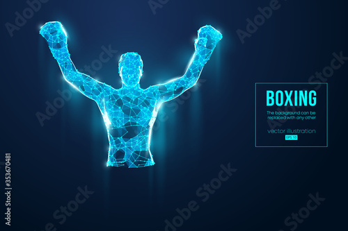 Abstract silhouette of a wireframe boxer fighter with boxing gloves on the blue background. Boxer is winner. Convenient organization of eps file. Vector illustration. Thanks for watching