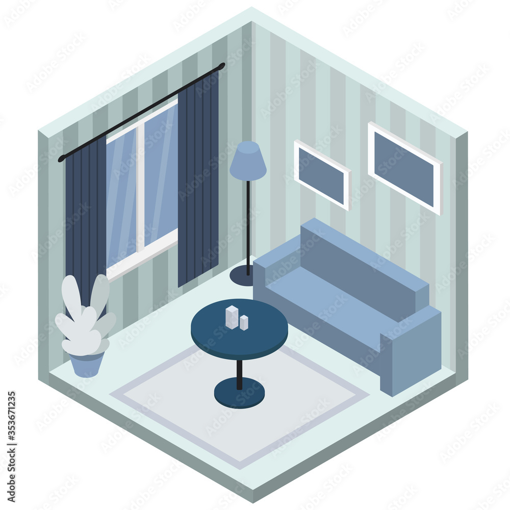 Living room isometric interior design composition with bulky living room objects furniture, window and sofa vector illustration. Blue and gray colors.