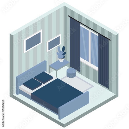 Bedroom isometric interior design composition with bulky objects bedroom furniture, window and bed vector illustration. Blue and gray colors.