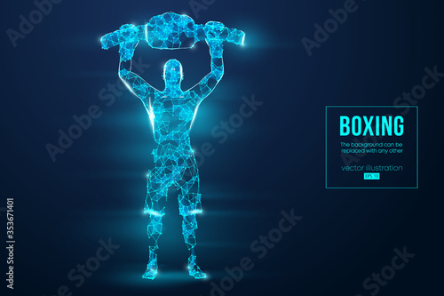 Abstract silhouette of a wireframe boxer fighter with boxing gloves on the blue background. Boxer is winner. Convenient organization of eps file. Vector illustration. Thanks for watching