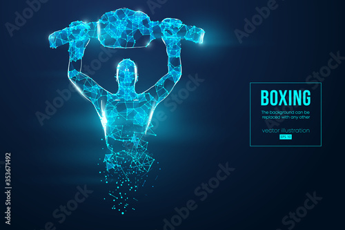 Abstract silhouette of a wireframe boxer fighter with boxing gloves on the blue background. Boxer is winner. Convenient organization of eps file. Vector illustration. Thanks for watching