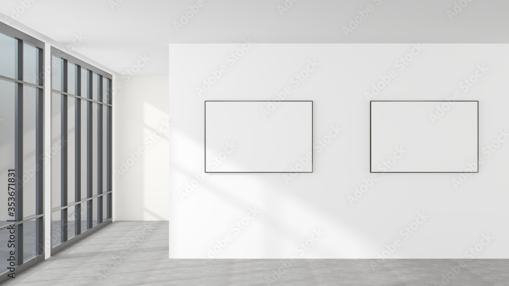 3D Mockup rendering. Office interior White walls and blank picture frames for mounting pictures Or advertising media Dark concrete office flooring It is a modern style decoration. 3D Mockup rendering. Office interior White walls and blank picture frames for mounting pictures Or advertising media Dark concrete office flooring It is a modern style decoration.