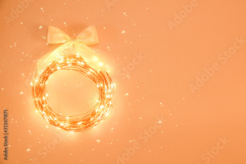 Christmas and New Year holiday background. Xmas greeting card. Golden Christmas decoration. Noel. Top view. Flat lay.