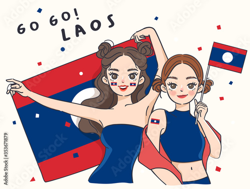 Two pretty girls holding national flag : vector Illustration