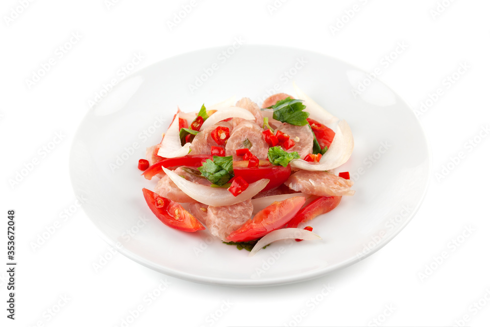 Spicy fermented pork salad on white ceramic plate Spicy fermented pork salad on white ceramic plate