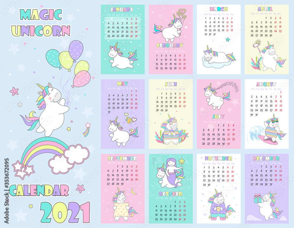 Vector illustration child calendar for 2021 with cute unicorn, magic unicorn icon set Vector illustration child calendar for 2021 with cute unicorn, magic unicorn icon set