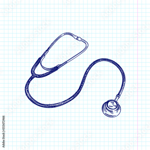 Hand-drawn sketch of Littmann Classic Stethoscope. Medical tools. First aid. Classic Stethoscope. Stethoscope to measure auscultation, or listening to the internal sounds of an animal or human body.	
