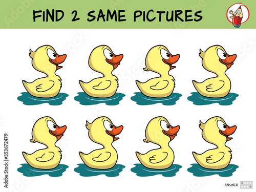 Find two the same ducks. Educational matching game for children. Cartoon vector illustration