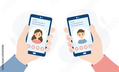 Dating application for smartphones. Hands holding smartphones. People dating through an online app.