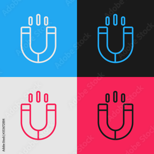 Pop art line Magnet icon isolated on color background. Horseshoe magnet, magnetism, magnetize, attraction. Vector.