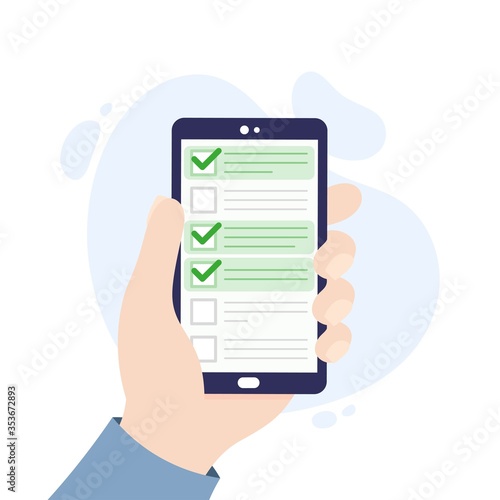 Phone with checklist. Hand holding a smartphone.