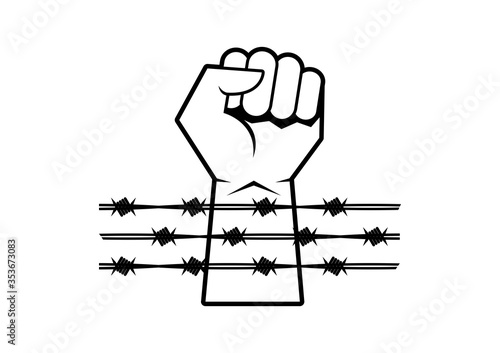 Raised hand with clenched fist with barbed wire icon vector. Hand silhouette with barbed wire vector. Hands behind a barbed wire prison vector. Clenched fist icon vector