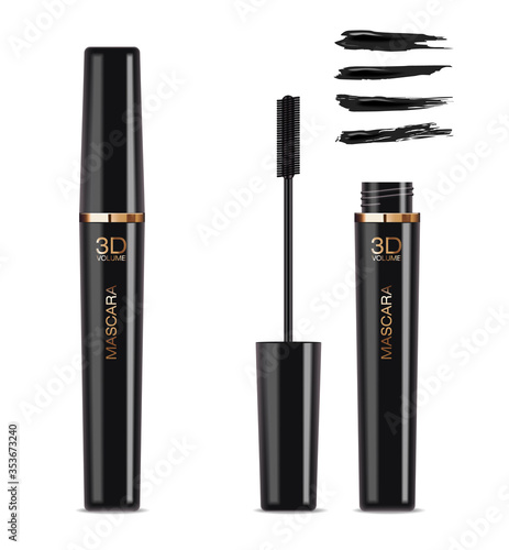 Realistic mascara bottle, make up product, 3d volume mascara, packaging mockup, isolated package, eye product, vector