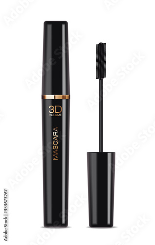 Realistic mascara bottle, make up product, 3d volume mascara, packaging mockup, isolated package, eye product, vector