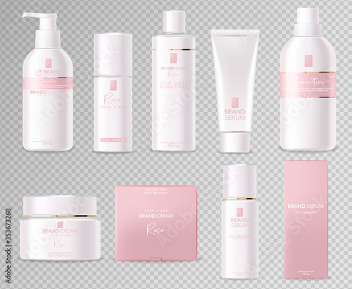 Realistic cosmetics  pink design  white bottle set  packaging mockup  skin care  hydration cream  toner  cleanser  serum  beauty card  face treatment  isolated container 3d white background vector