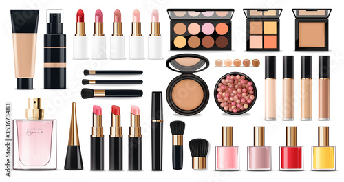 Foto Realistic cosmetics make up set, big collection makeup product, powder, lipstick